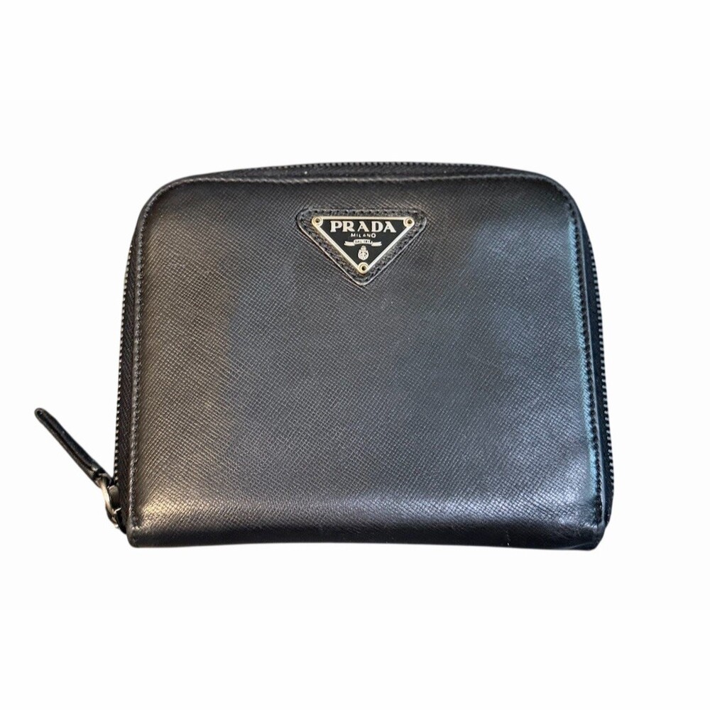 Prada Saffiano Leather Zip Around Wallet Silver Hardware COA